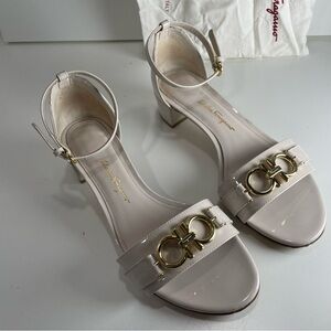 Salvatore Ferragamo Cream Patent Leather Block Heel Sandals with Gold Gancini